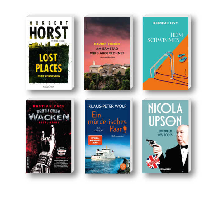 Die besten Krimis im August 2024: Buchcover von Davide Longo, Norbert Horst, Deborah Levy, Bastian Zach, Nicola Upson und Klaus-Peter Wolf