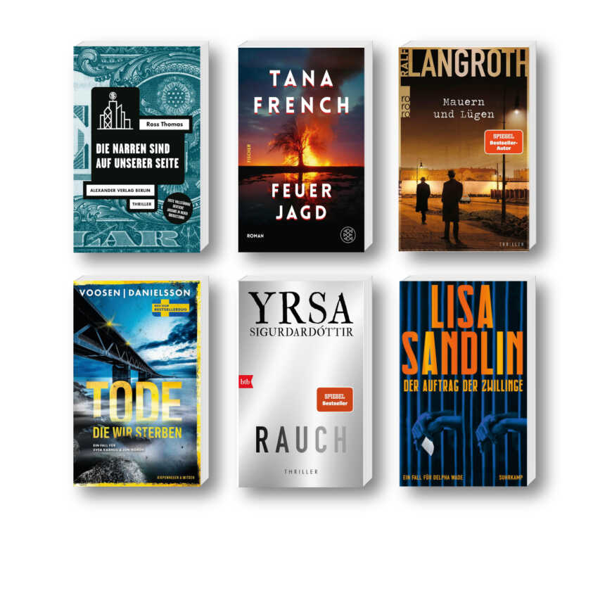 Die besten Krimis im September 2024: Buchcover von Voosen | Danielsson, Tana French, Ralf Langroth, Yrsa Sigurdardóttir, Ross Thomas und Lisa Sandlin