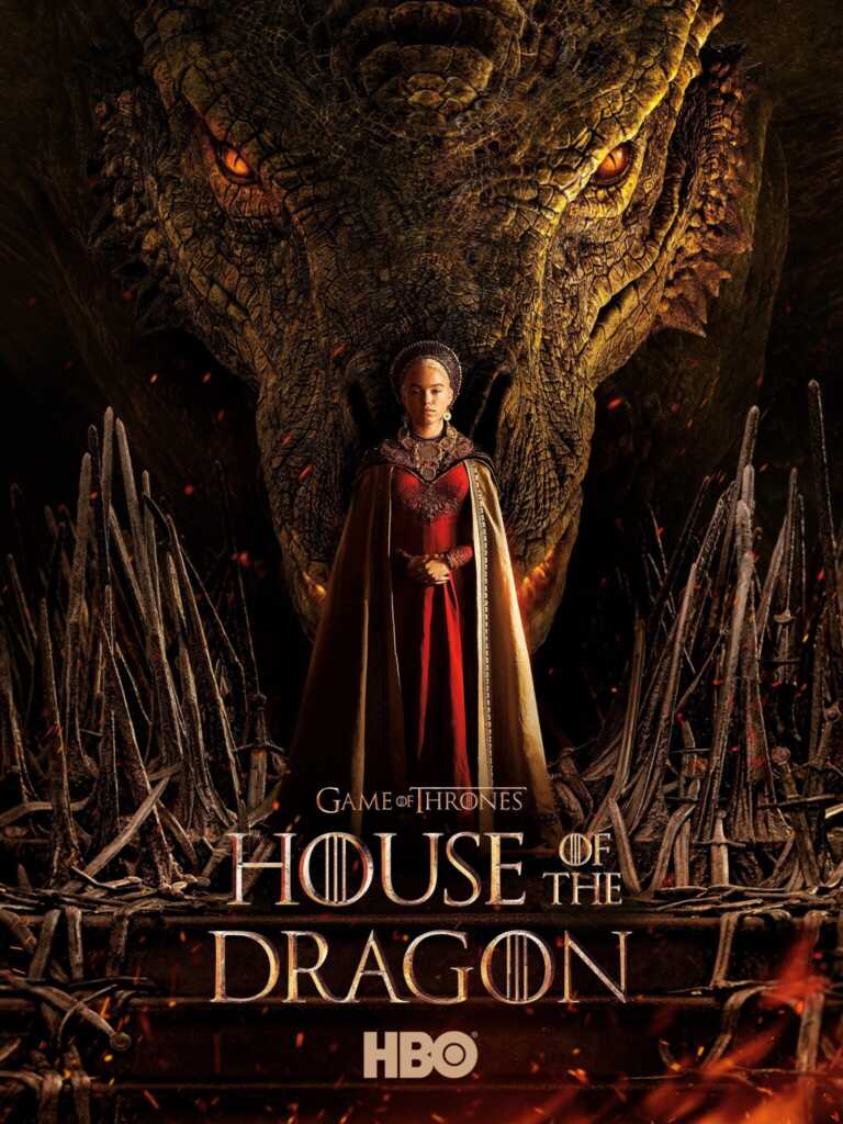 „House of the Dragon“ Staffel 1 Poster. Rhaenyra Targaryen mit einem Drachen im Hintergrund.