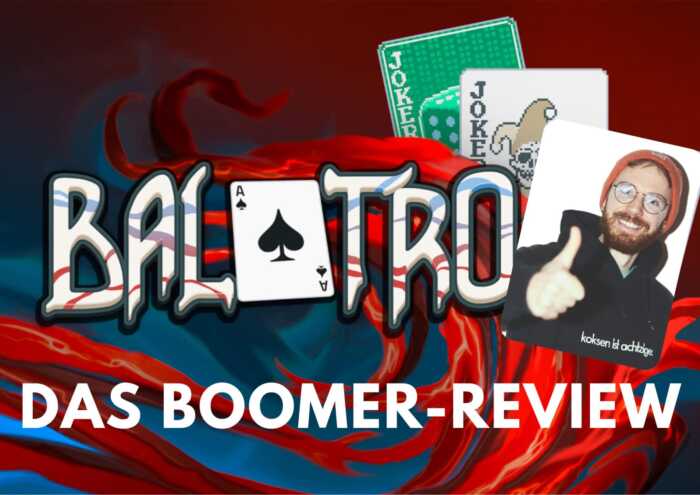 Symbolbild: Das Balatro-Banner aus dem Webstore, auf dem das Gesicht unseres Autors Jonah Lara den Joker ersetzt, mit dem Schriftzug „Das Boomer-Review“.