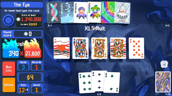 Ein Screenshot aus Balatro. Zu sehen ist eine Poker-Hand mit einem extrem hohen Chipwert und Modifikator.