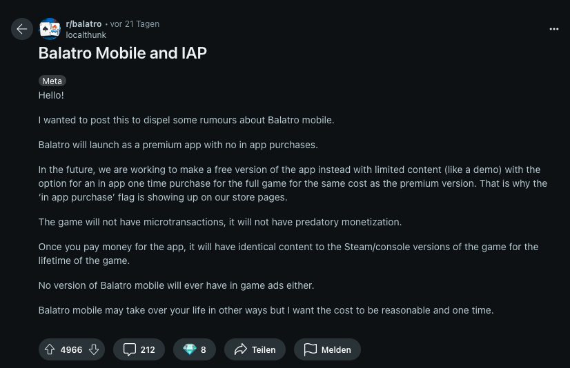 Screenshot eines Threads von Developer LocalThunk auf Reddit, der klarstellt, warum das Spiel im App-Store mit „In-App-Purchases“ gekennzeichnet ist.