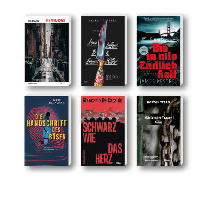 Die besten Krimis im Oktober 2024: Buchcover von James Kestrel, Alan Parks, Mark Billingham, Giancarlo De Cataldo, Matthias Wittekindt, Tasha Coryell, Sara Strömberg, Boston Teran, Henrietta Hamilton