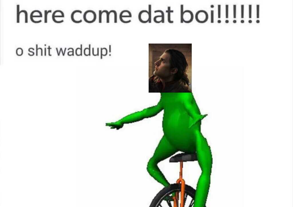 Ein Screenshot des Memes „Here come dat boi“, in dem das Gesicht des einradfahrenden Frosches mit einer Illustration des Hauptcharakters der ersten „Realm of the Elderlings“-Trilogie überlegt ist.