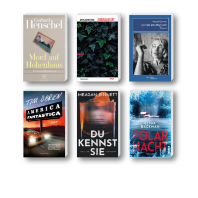 Die besten Krimis im Januar 2025: Buchcover von Doug Johnstone, Pascal Garnier, Meagan Jennett, Elina Backman, Gerhard Henschel und Tim O’Brien