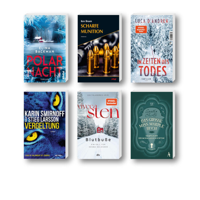 Die besten Krimis im Dezember 2024: Buchcover von Ken Bruen, Viveca Sten, Elina Backman, Luca D’Andrea, Karin Smirnoff und Agatha Christie