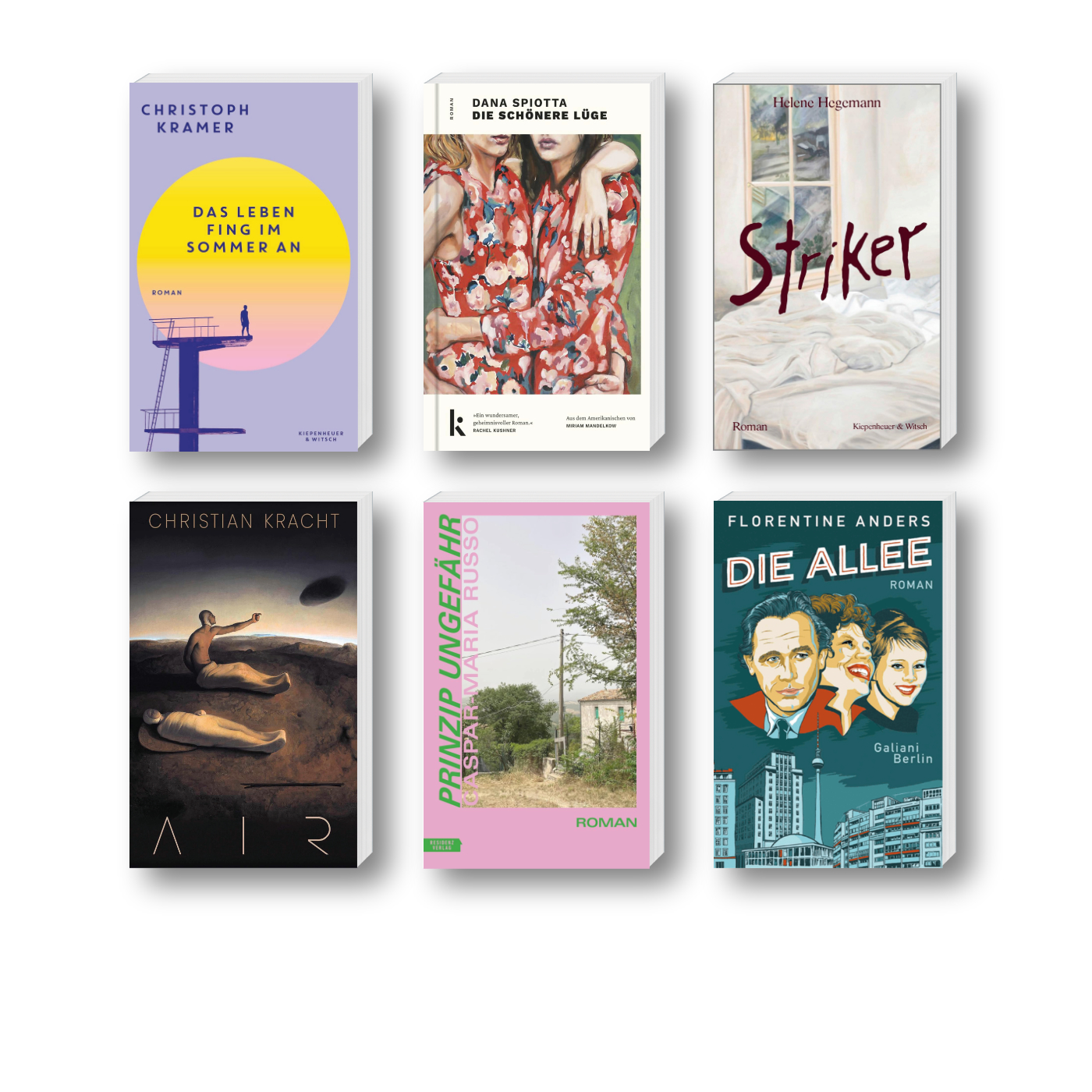 Die besten Bücher im April 2025: Buchcover von Helge Hegemann, Christian Kracht, Caspar-Maria Russo, Dana Spinotta, Florentine Anders und Christoph Kramer