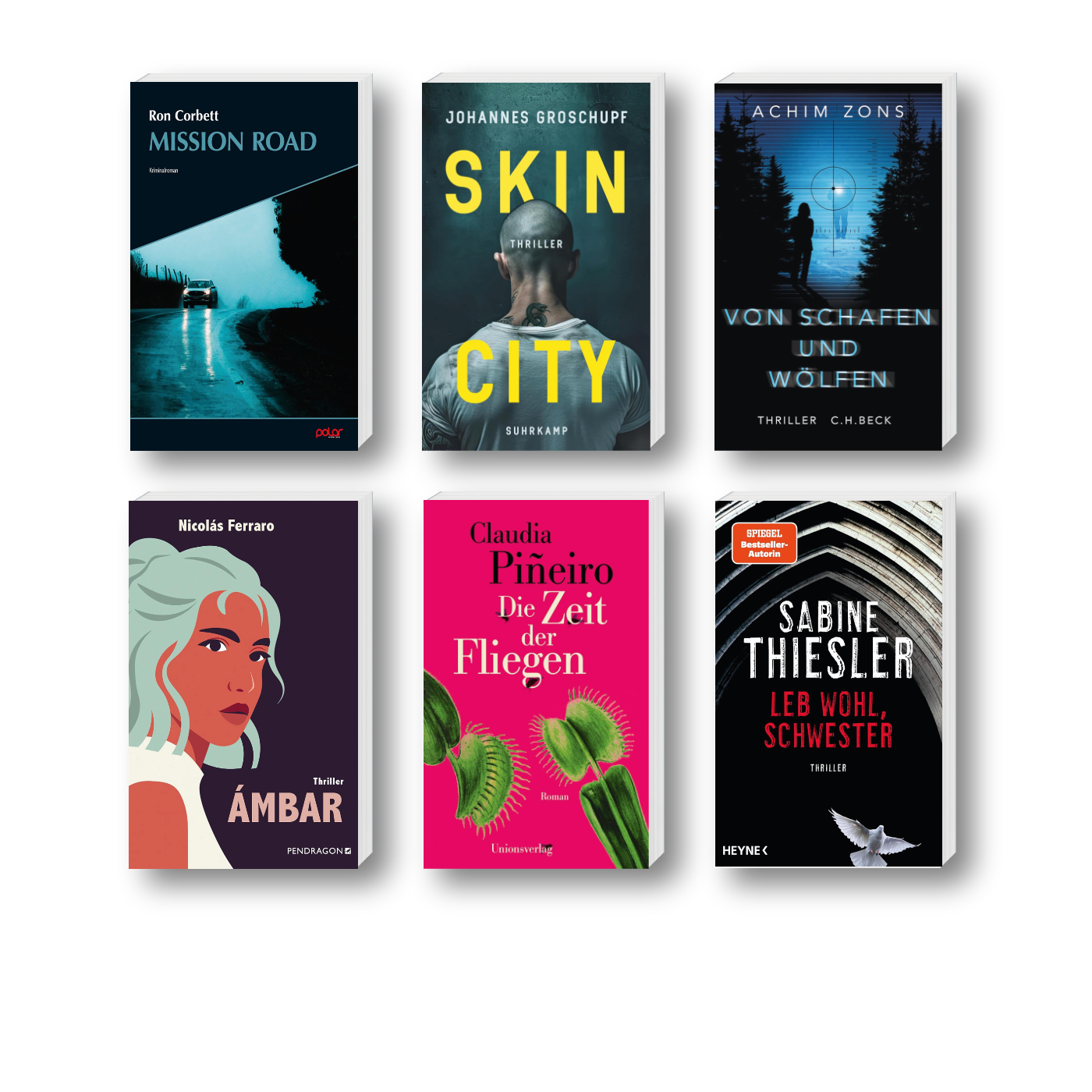 Die besten Krimis im April 2025: Buchcover von Sabine Thiesler, Johannes Groschupf, Ron Corbett, Achim Zons, Claudia Piñeiro und Nicolás Ferraro