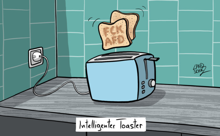„Intelligenter Toaster“ heißt der Caratoon von Dorthe Landschulz, der im Rahmen der Ausstellung „Die Zukunft in Cartoons“ in der Caricatura-Galerie in Kassel zu sehen sein wird.