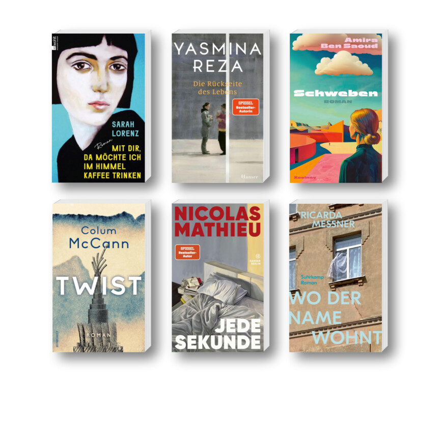 Die besten Bücher im Mai 2025: Buchcover von Sarah Lorenz, Amira Ben Saoud, Nicolas Mathieu, Colum McCann, Ricarda Messner, Yasmina Reza