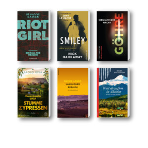 Die besten Krimis im Juni 2025: Buchcover von Nick Harkaway, Davide Longo, Susanne Kaiser, Dana Stabenow, Frank Göhre und Paolo Riva