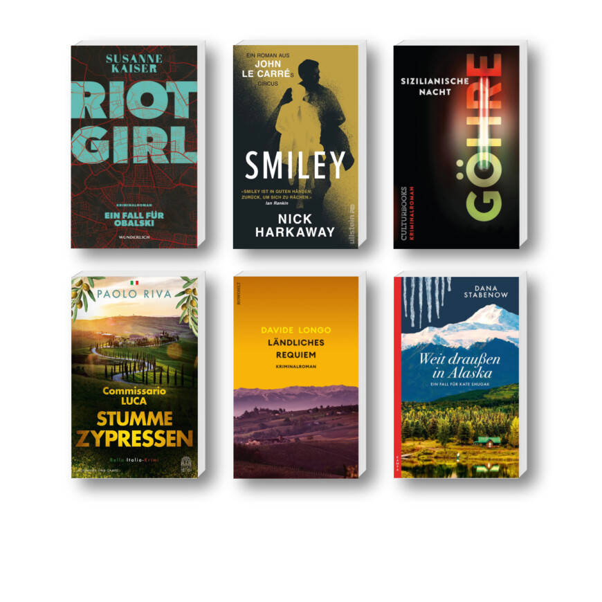 Die besten Krimis im Juni 2025: Buchcover von Nick Harkaway, Davide Longo, Susanne Kaiser, Dana Stabenow, Frank Göhre und Paolo Riva