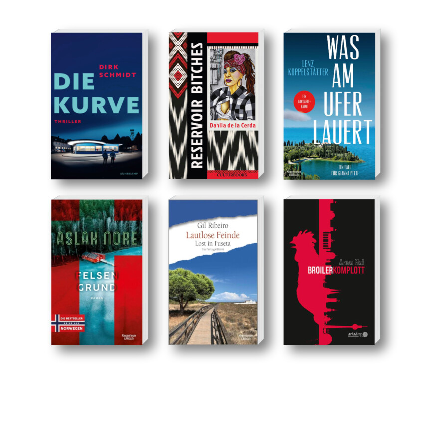 Die besten Krimis im Mai 2025: Buchcover von Dahlia de la Cerda, Dirk Schmidt, Lenz Koppelstätter, Aslak Nore, Anna Mai und Gil Ribeiro