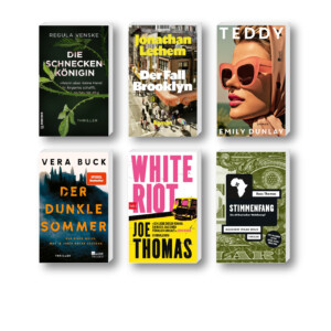 Die besten Krimis im Juli 2025: Buchcover von Emily Dunlay, Jonathan Lethem, Joe Thomas, Ross Thomas, Regula Venske und Vera Buck