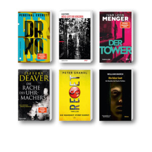 Die besten Krimis im September 2025: Buchcover von Percival Everett, Ivar Leon Menger, Peter Grandl, Alan Parks, William March und Jeffery Deaver