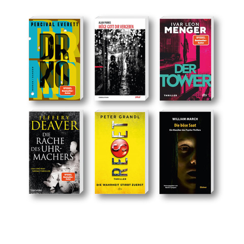 Die besten Krimis im September 2025: Buchcover von Percival Everett, Ivar Leon Menger, Peter Grandl, Alan Parks, William March und Jeffery Deaver