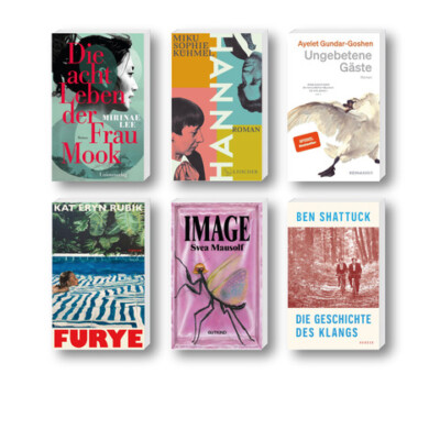 Die besten Bücher im August 2025: Buchcover von Ben Shattuck, Mirinae Lee, Ayelet Gundar-Goshen, Miku Sophie Kühmel, Kat Eryn Rubik, Svea Mausolf
