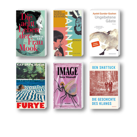 Die besten Bücher im August 2025: Buchcover von Ben Shattuck, Mirinae Lee, Ayelet Gundar-Goshen, Miku Sophie Kühmel, Kat Eryn Rubik, Svea Mausolf