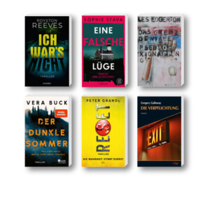 Die besten Krimis im August 2025: Buchcover von Royston Reeves, Gregory Galloway, Sophie Stava, Peter Grandl, Les Edgerton, Vera Buck