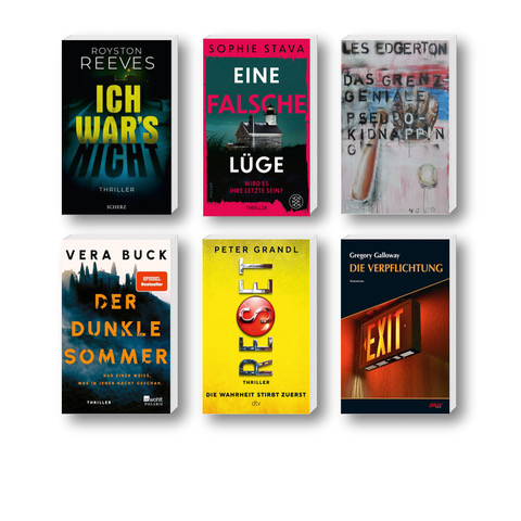 Die besten Krimis im August 2025: Buchcover von Royston Reeves, Gregory Galloway, Sophie Stava, Peter Grandl, Les Edgerton, Vera Buck