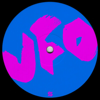 UFO steht in pinker Schrift auf einer Blauen Vinyl.