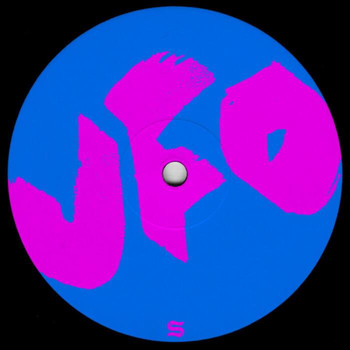 UFO steht in pinker Schrift auf einer Blauen Vinyl.