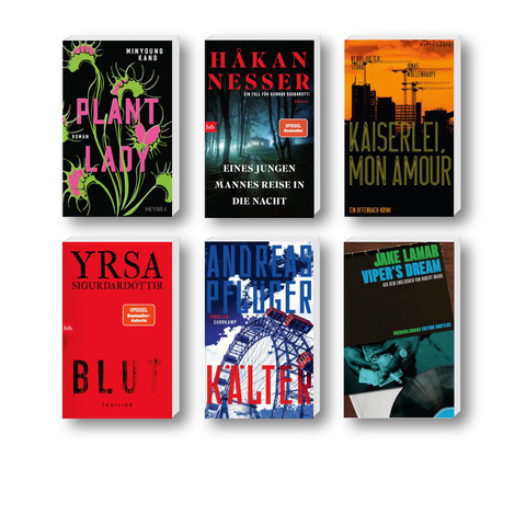 Die besten Krimis im November 2025: Buchcover von Yrsa Sigurdardóttir, Andreas Pflüger, Håkan Nesser, Minyoung Kang, Jake Lamar, Jonas Wollenhaupt und Klaus-Dieter Stork