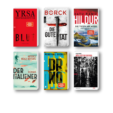 Die besten Krimis im Oktober 2025: Buchcover von Arturo Pérez-Reverte, Yrsa Sigurdardóttir, Hubertus Borck, Satu Rämö, Percival Everett, Jeffery Deaver und Alan Parks