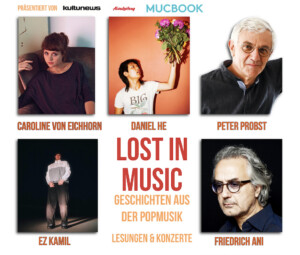 Plakat der November-Ausgabe von Lost In Music mit Caroline von Eichhorn, Friedrich Ani, Ez Kamil, Peter Probst und Daniel He