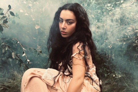 Charli xcx liegt mit rosa farbenen Kleid in einer vernebelten Lichtung im Wald.
