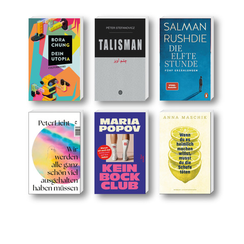 Die besten Bücher im Januar 2026: Buchcover von Anna Maschik, Salman Rushdie, Bora Chung, PeterLicht, Péter Stefanovicz und Maria Popov