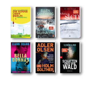 Die besten Krimis im Januar 2026: Buchcover von Cilla und Rolf Börjlind, Liann Zhang, Jussi Adler-Olsen, Carla Kalkbrenner, Ellen Sandberg und Viveca Sten