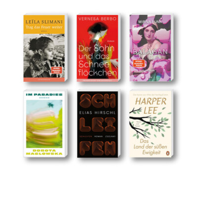 Die besten Bücher im Februar 2026: Buchcover von Elias Hirschl, Leïla Slimani, Dorota Maslowska, Harper Lee, Vernesa Berbo und Mirna Funk