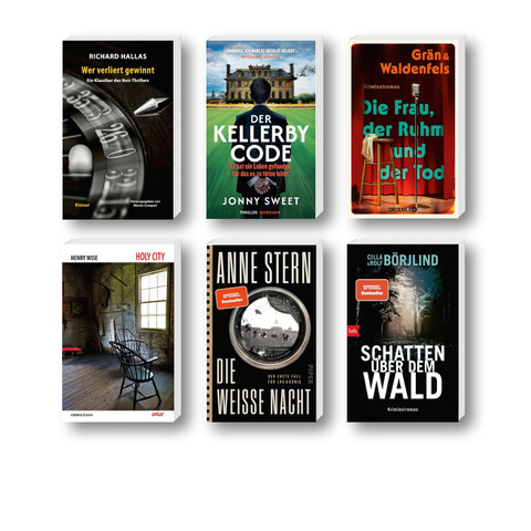 Die besten Krimis im Februar 2026: Buchcover von Anne Stern, Grän & Waldenfels, Jonny Sweet, Henry Wise, Richard Hallas und Cilla und Rolf Börjlind