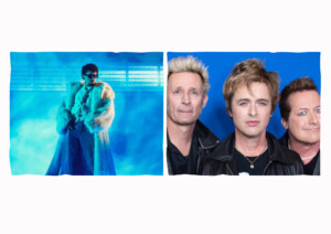 Eine Collage von zwei Bildern: Links sieht man ein Foto von Bad Bunny bei einem seiner Konzerte und rechts ein Porträt der Band Green Day.