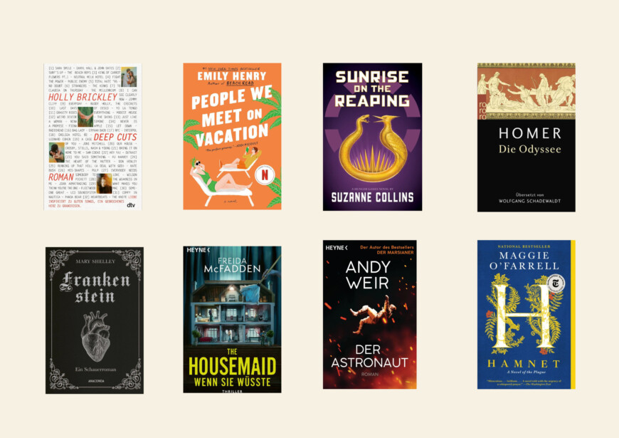 Es sind acht Buchcover zu sehen, alles Bücher die 2026 verfilmt werden. Deep Cuts von Holly Brickley, People we meet on Vacation von Emily Henry, Sunrise on the Reaping von Suzanne Collins, Odyssee von Homer, Frankenstein von Mary Shelley, The Housemaid von Freida McFaddens, Der Astronaut von Andy Weir, Hamnet von Maggie O'Farrell.