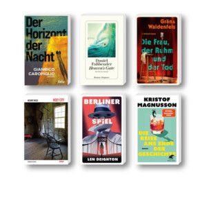 Die besten Krimis im März 2026: Buchcover von Daniel Faßbender, Gianrico Carofiglio, Len Deighton, Kristof Magnusson, Grän & Waldenfels und Henry Wise