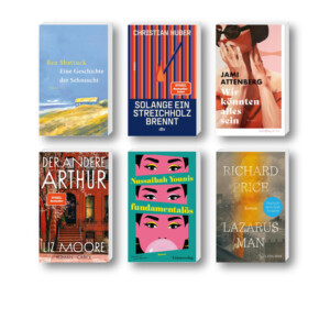 Die besten Bücher im April 2026: Buchcover von Liz Moore, Ben Shattuck, Richard Prize, Jami Attenberg, Nussaibah Younis und Christian Huber