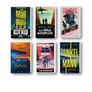 Die besten Krimis im April 2026: Buchcover von Len Deighton, Andrew Walsh-Huggins, Michael Idov, Charles Den Tex, Jacob Weinreich und Lars Findsen und Garry Disher