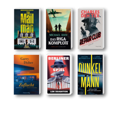 Die besten Krimis im April 2026: Buchcover von Len Deighton, Andrew Walsh-Huggins, Michael Idov, Charles Den Tex, Jacob Weinreich und Lars Findsen und Garry Disher
