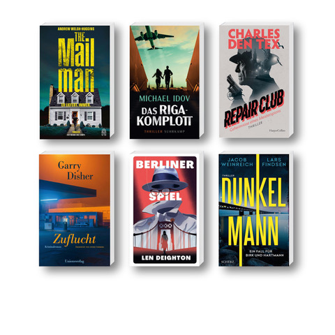 Die besten Krimis im April 2026: Buchcover von Len Deighton, Andrew Walsh-Huggins, Michael Idov, Charles Den Tex, Jacob Weinreich und Lars Findsen und Garry Disher