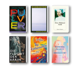 Die besten Bücher im Mai 2026: Buchcover von David Vajda, Percival Everett, Joanna Bator, Dror Mishani, Markus Orths, Johann Reißer