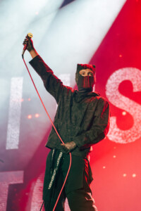 Tyler Joseph von Twenty One Pilots streck sein Mikrofon in die Luft.