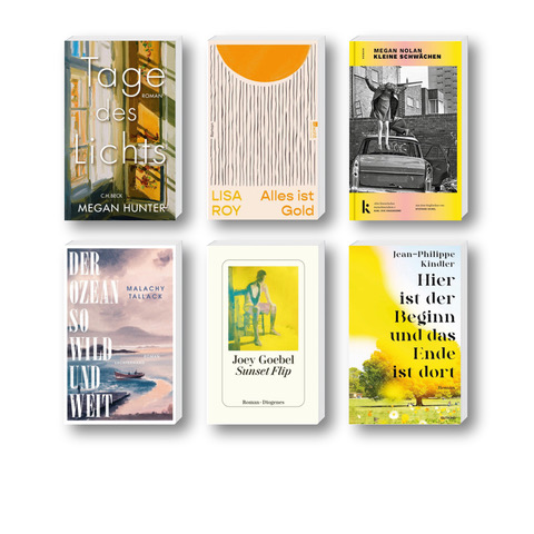 Die besten Bücher im Juli 2026: Buchcover von Joey Goebel, Megan Nolan, Jean-Philippe Kindler, Megan Hunter, Lisa Roy und Malachy Tallack