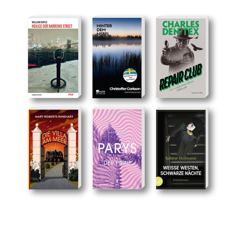 Die besten Krimis im Juli 2026: Buchcover von Christoffer Carlsson, William Boyle, Sabine Hofmann, Mary Roberts Rinehart, Charles den Tex und Magdalena Parys