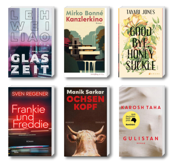 Die besten Bücher im September 2026: Buchcover von Karosh Taha, Leh-Wei Liao, Manik Sarkar, Sven Regener, Tayari Jones, Mirko Bonné