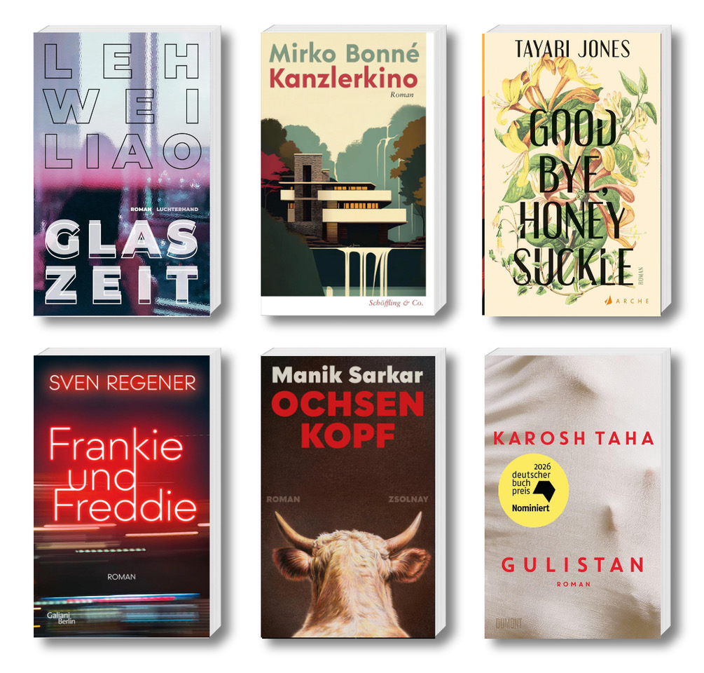 Die besten Bücher im September 2026: Buchcover von Karosh Taha, Leh-Wei Liao, Manik Sarkar, Sven Regener, Tayari Jones, Mirko Bonné