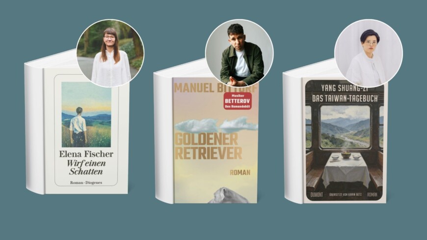 Buchcover und Portaitfotos von Manuel Bittorf, Yang Shuang-zi und Elena Fischer, zu deren Lesungen beim Harbour Front Literaturfestival wir ein Gewinnspiel anbieten