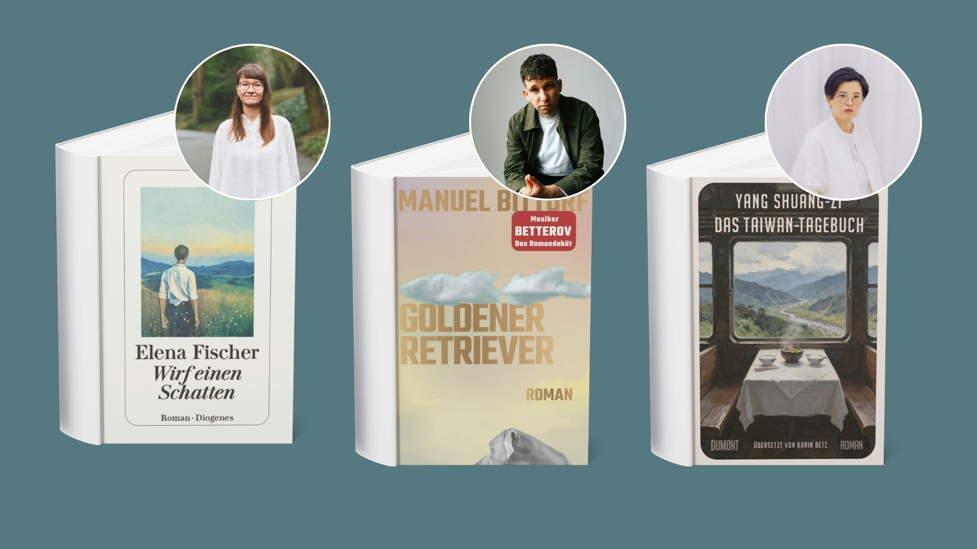 Buchcover und Portaitfotos von Manuel Bittorf, Yang Shuang-zi und Elena Fischer, zu deren Lesungen beim Harbour Front Literaturfestival wir ein Gewinnspiel anbieten