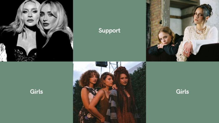 Eine Collage die Madonna x Sabrina Carpenter, Raye x Absolutely x Amma und Paula Hartmann x Celine zeigt. Mit dem Schriftzug girls support Girls: Die 12 besten Kollaborationen weiblicher Artists.